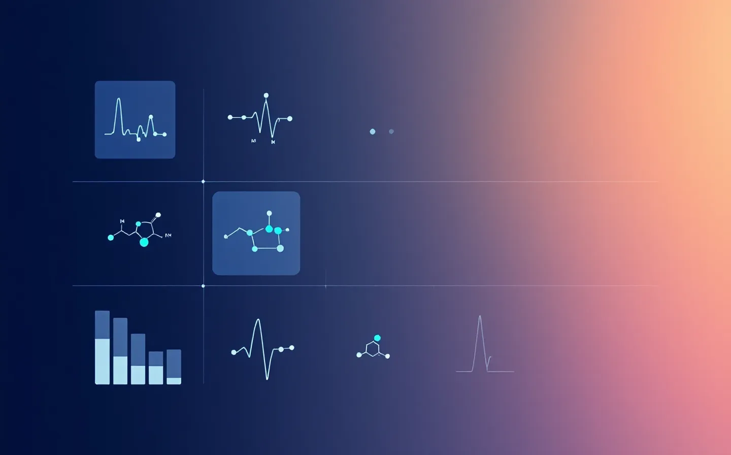 A modular nine-cell schematic grid of abstract peptide, signal-cascade, pulse-waveform and pharmacokinetic glyphs in electric blue with a teal accent, on a deep slate ground